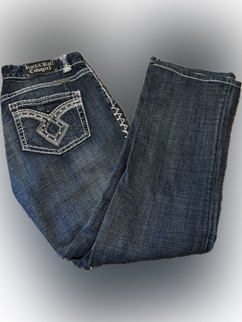 E141 Rock & Roll Cowgirl Embellished Dark Blue Bootcut Jeans